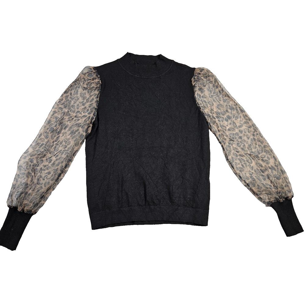 Sioni Milano Women's Sheer Sleeve Leopard Animal Chic‎ Mockneck Sweater Sz L